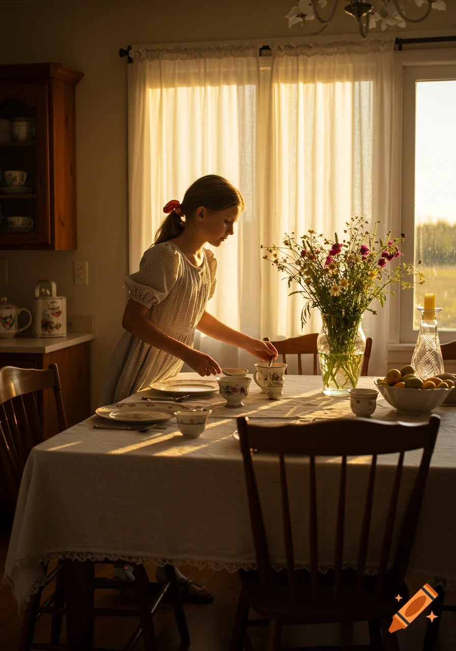 A young girl with a ponytail sets a table with floral teacups and wildflowers in a sunlit room.