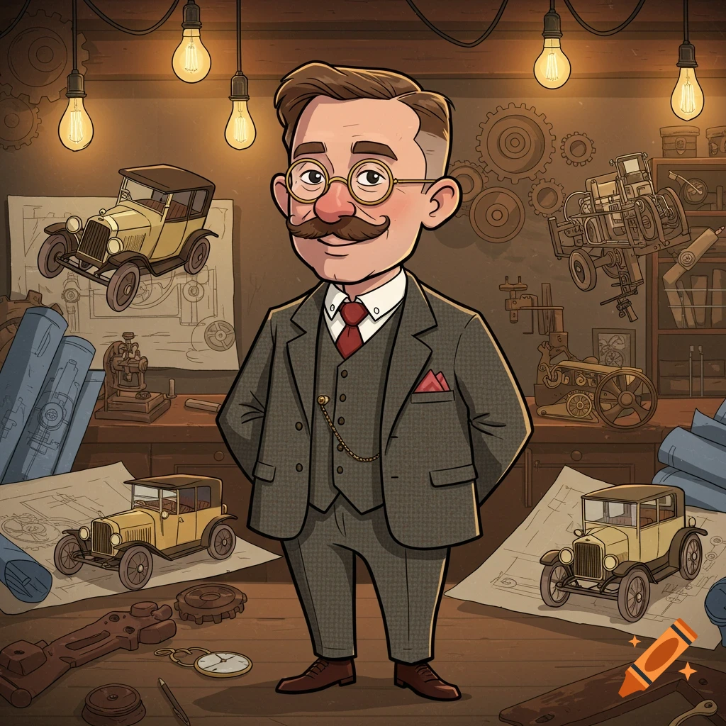 A cartoon illustration of Frederick Lanchester, an engineering inventor, standing in a workshop surrounded by vintage car blueprints and tools.