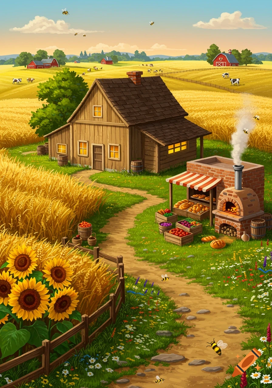 Vibrant cartoon farm scene with a wooden house, golden wheat fields, bakery stand with oven, sunflowers, bees, and cows.