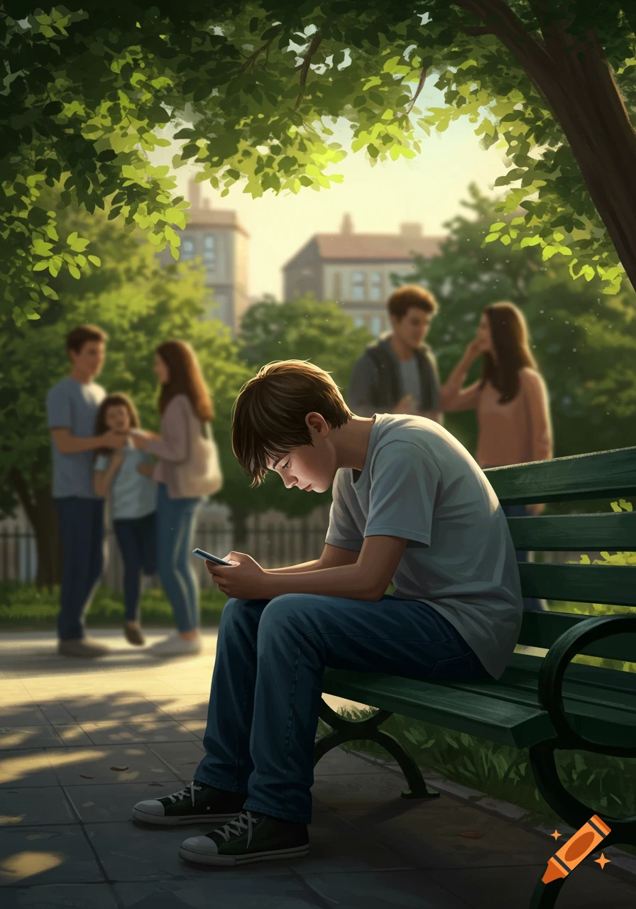 A teenager sits alone on a park bench, engrossed in their phone, with blurred figures socializing in the background. Realistic digital art.