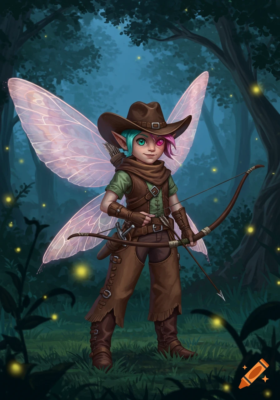 A whimsical fairy character in cowboy attire with teal and pink eyes, holding a longbow in a dark forest with fireflies, digital painting.