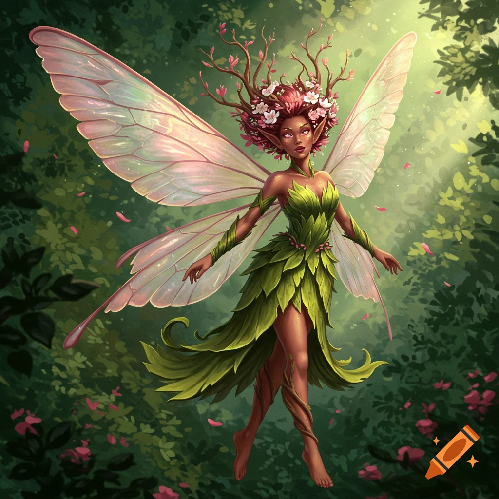 A beautiful fairy with a leafy dress, branches and flowers in her hair, and large translucent wings, floats in a sunlit forest.
