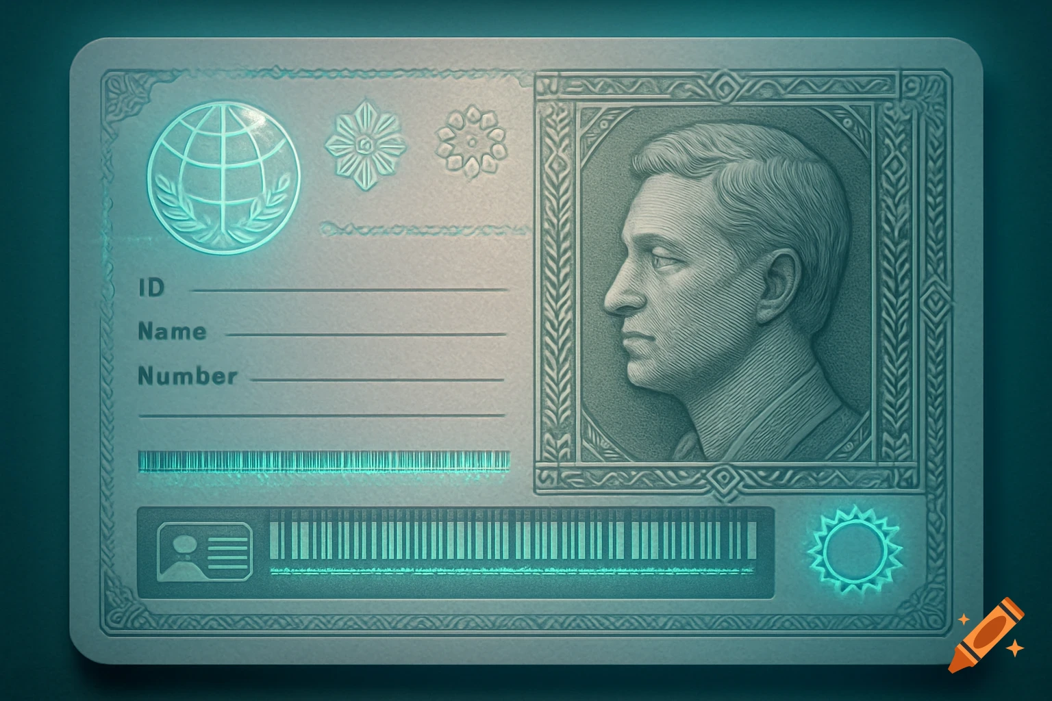 A glowing, turquoise stylized ID card featuring a profile portrait of a man, placeholder text for ID, Name, Number, and barcode elements.