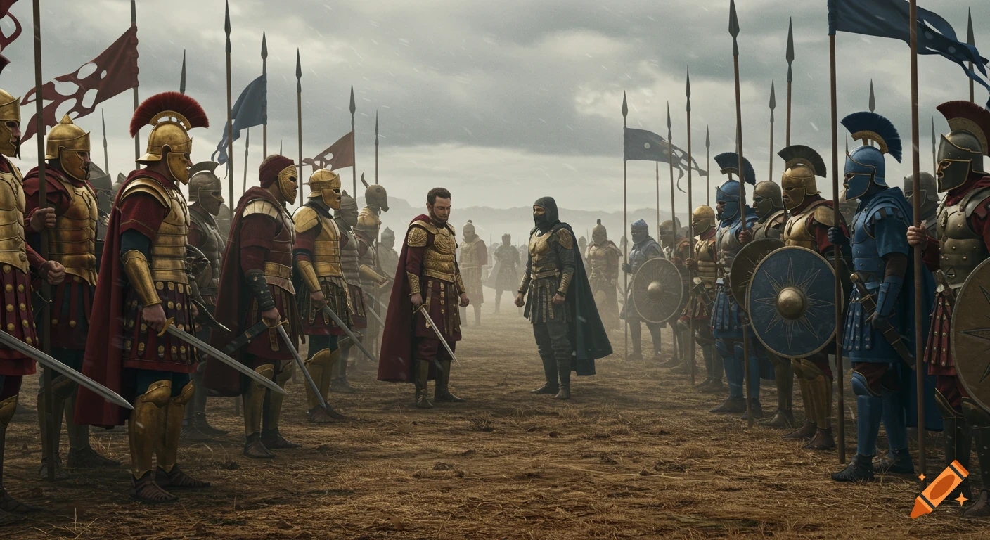 Two ancient armies in gold and red versus blue and silver armor face each other on a muddy battlefield, commanders meet in the center.