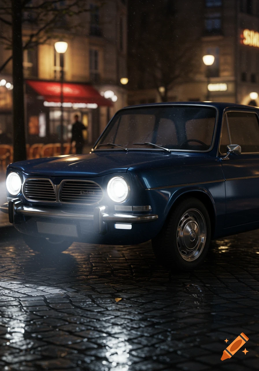 A dark blue vintage Simca car with bright headlights on a wet cobblestone street at night in a city.