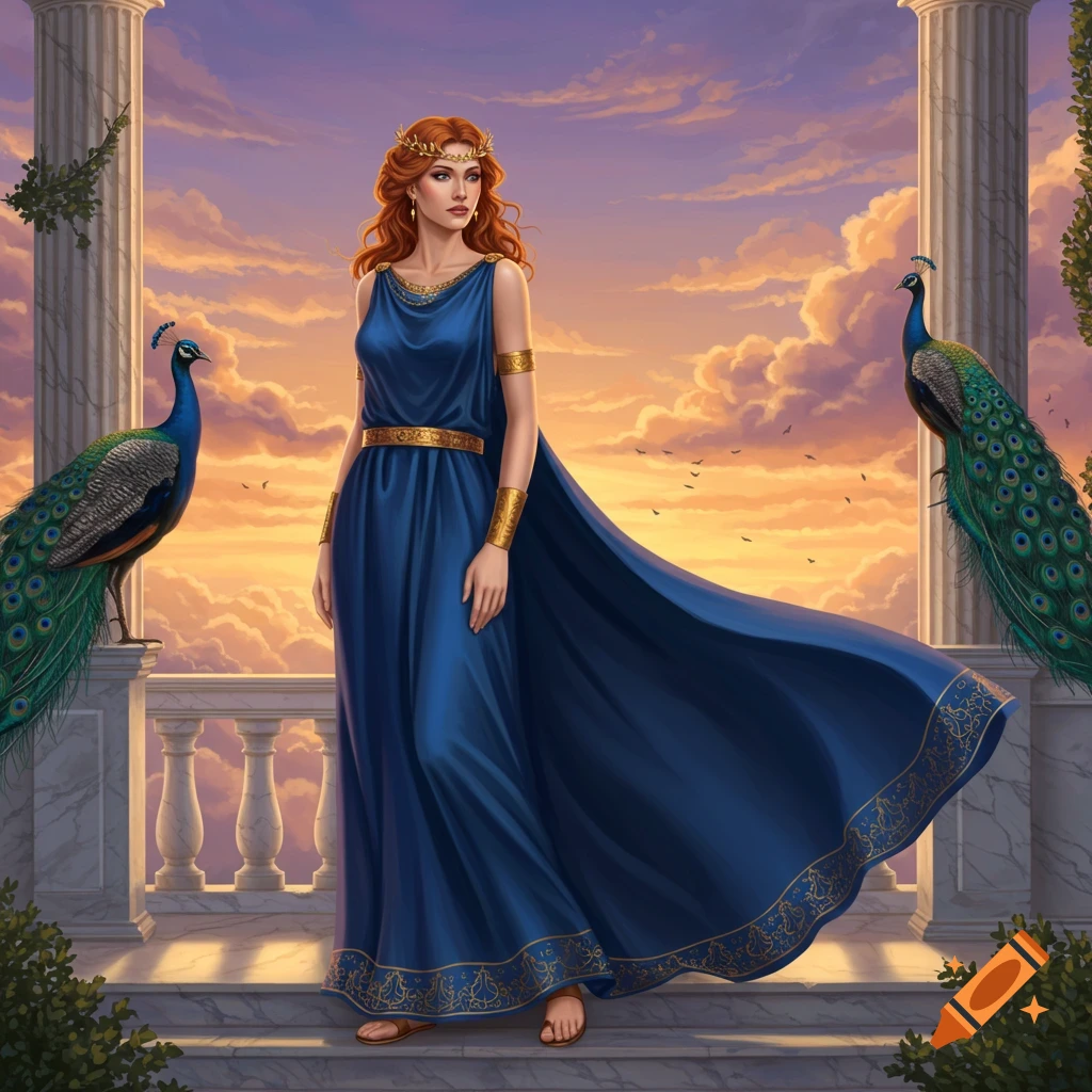 A red-haired woman in a flowing blue gown and gold accessories stands on a classical balcony with two peacocks at sunset. Fantasy art style.