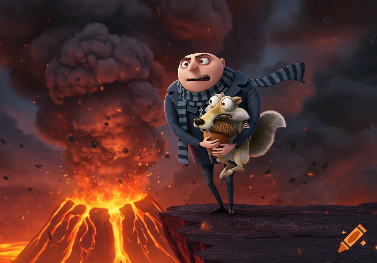 Gru holds Scrat from Ice Age, both looking terrified on a cliff edge as a volcano erupts violently behind them.