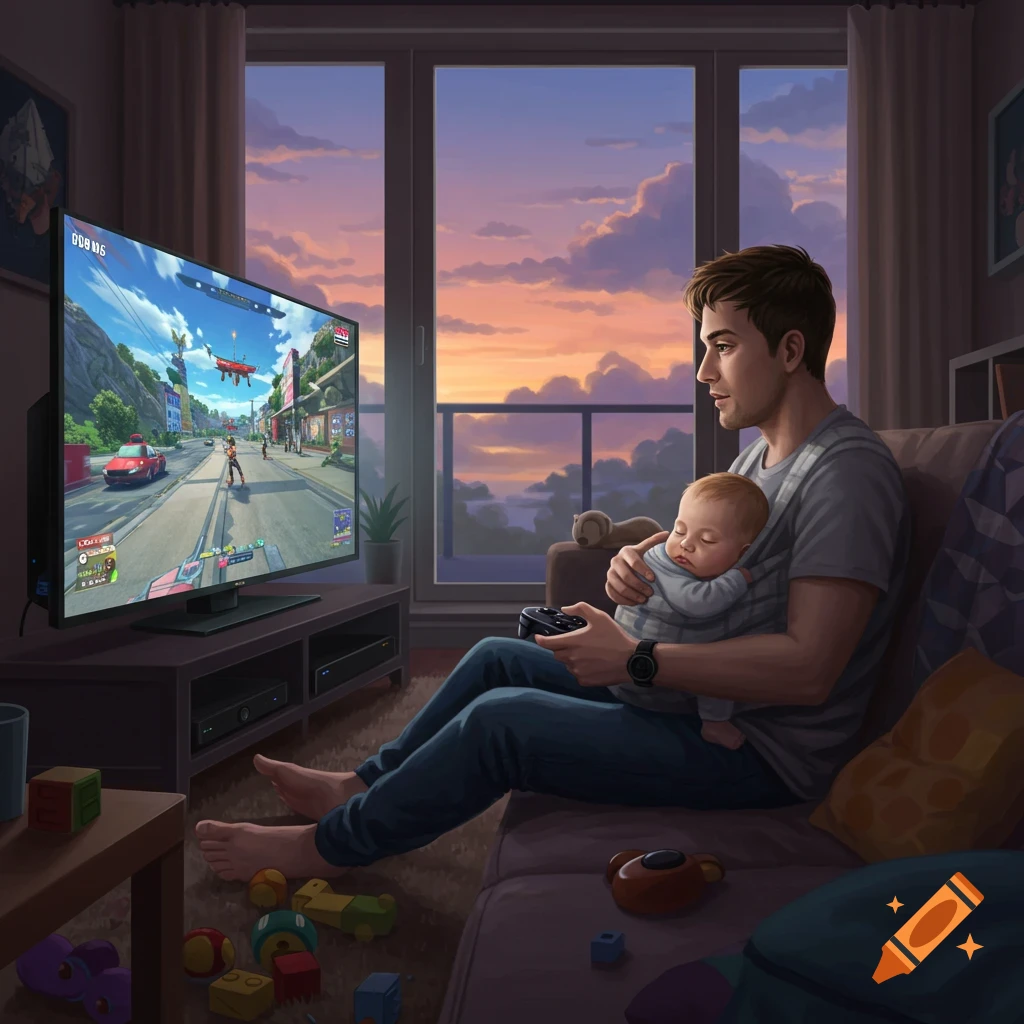 A man plays video games on a large TV in a living room while holding a sleeping baby in a carrier, surrounded by toys. Sunset visible outside the window. Digital art.