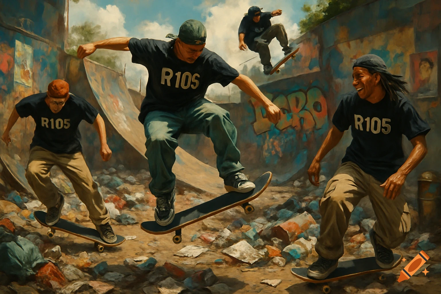 A vibrant oil painting shows several skateboarders in R105 t-shirts performing tricks in a gritty urban garbage dump setting.