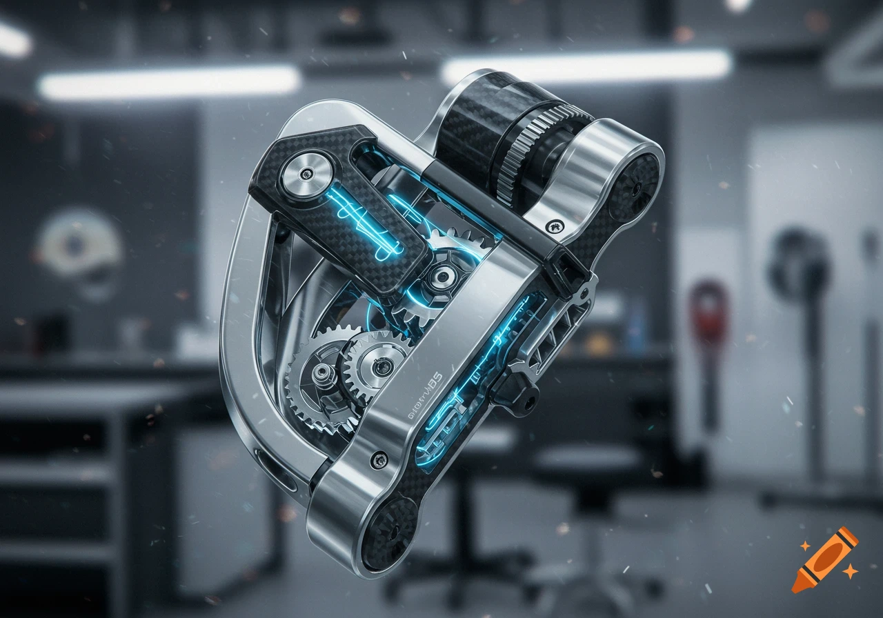 A sleek, futuristic tennis string tensioner with chrome, carbon fiber, visible gears, and glowing blue accents in a blurred lab setting.