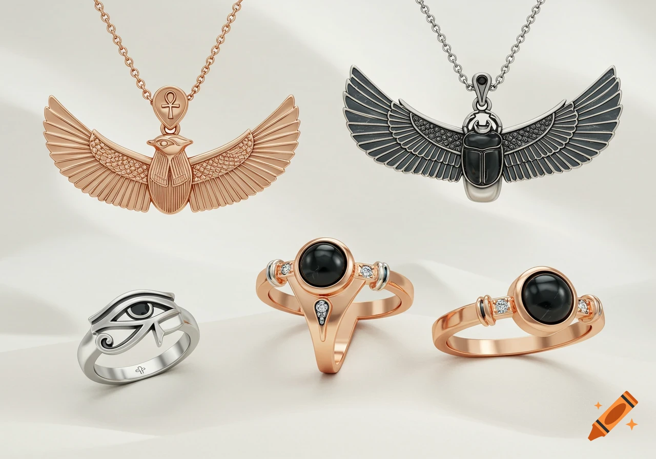 A collection of modern Egyptian-inspired jewelry: rose gold winged Ankh pendant, silver winged scarab pendant, silver Eye of Horus ring, and rose gold onyx rings.
