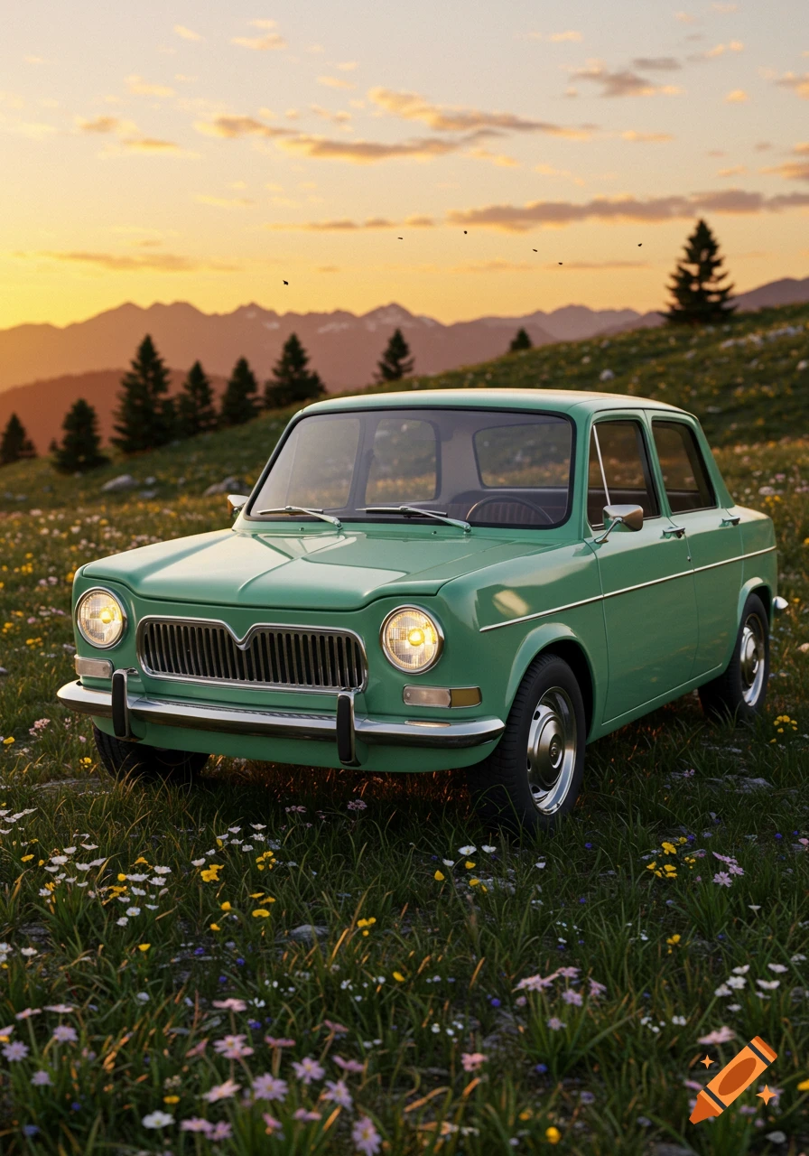 A mint green vintage car sits in a field of wildflowers with mountains and a golden sunset in the background.