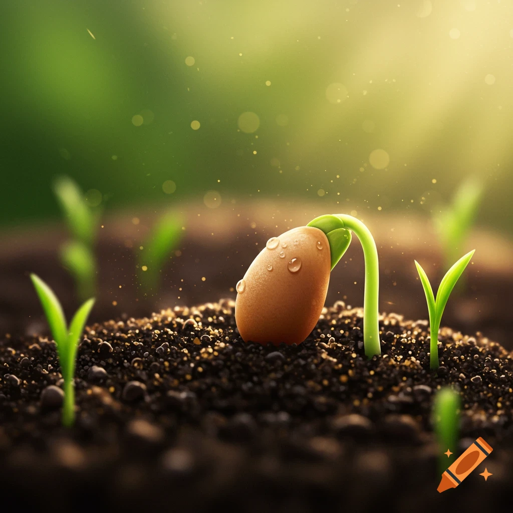 A close-up of a seed germinating in soil, with a green sprout emerging and water droplets, bathed in sunlight.