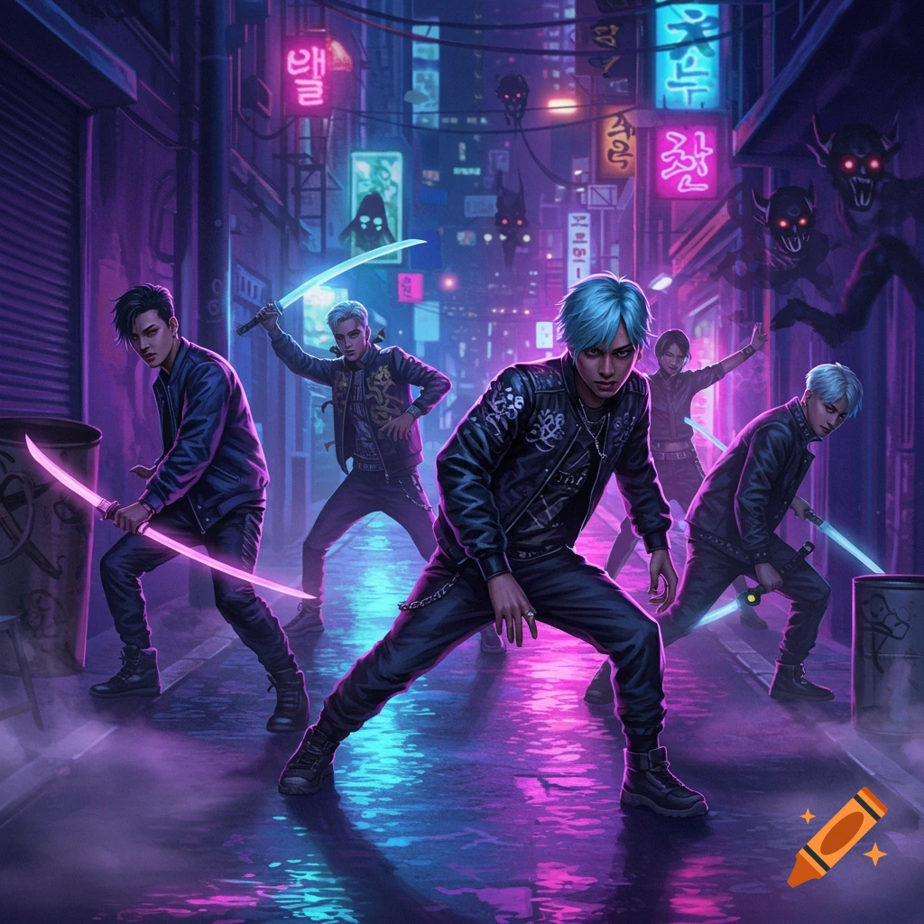 A group of K-pop-style demon hunters pose with glowing swords in a neon-lit cyberpunk alley, reflected on wet ground.