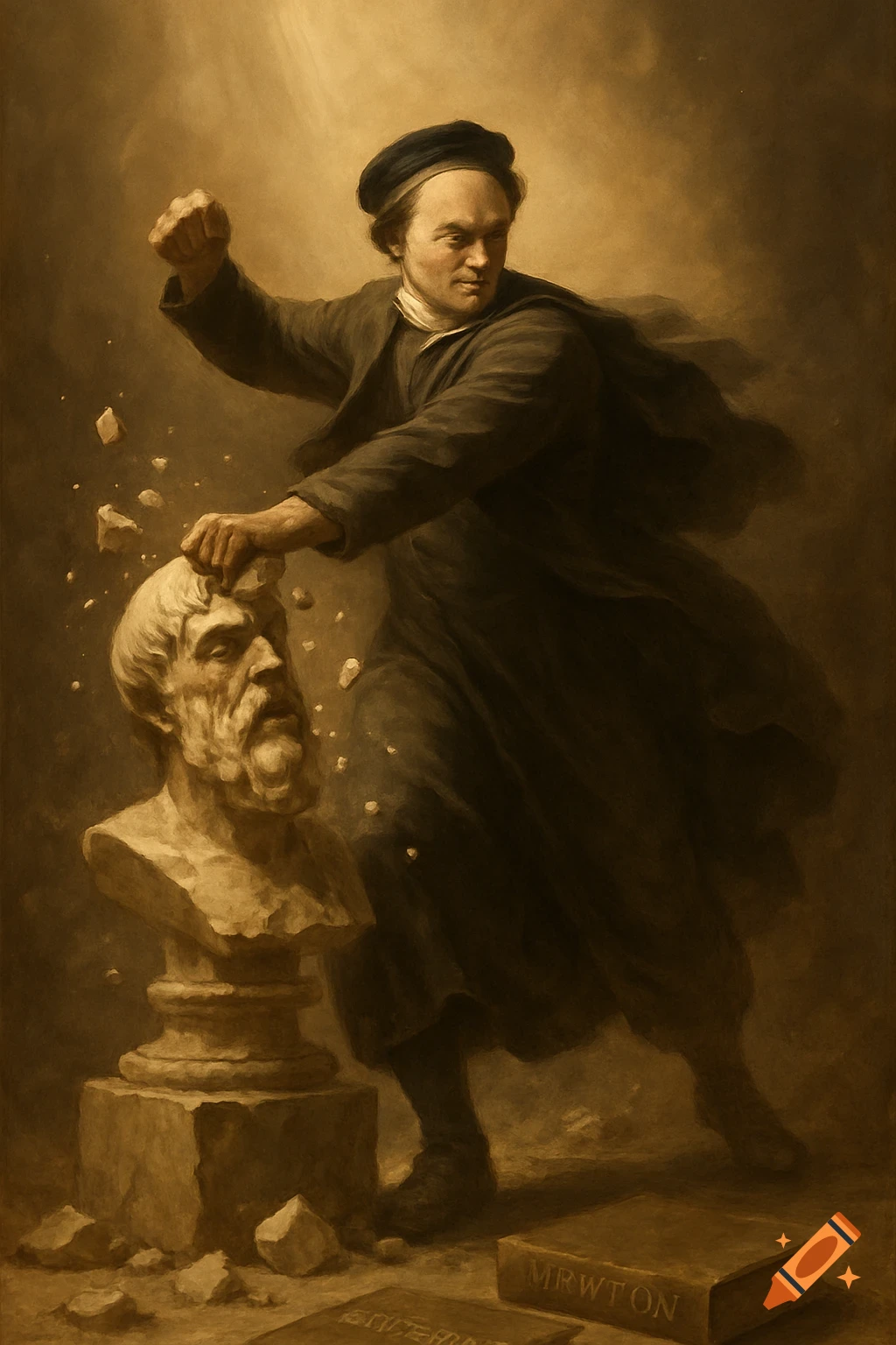 A man in 17th-century attire smashes a classical bust, with books on the ground, in a sepia-toned painting.