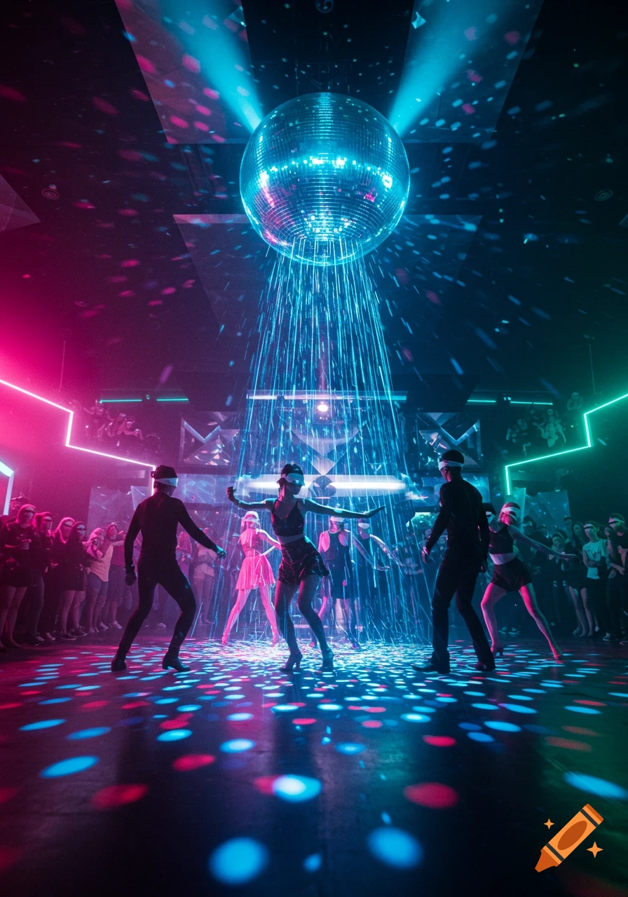Blindfolded dancers move dynamically under a huge disco ball with blue light beams and vibrant pink and blue neon lighting.