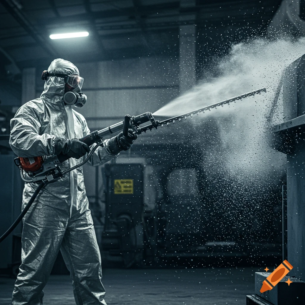 Person in a full protective suit and gas mask uses a modified spraying tool in a dark, industrial setting, with water particles scattering.