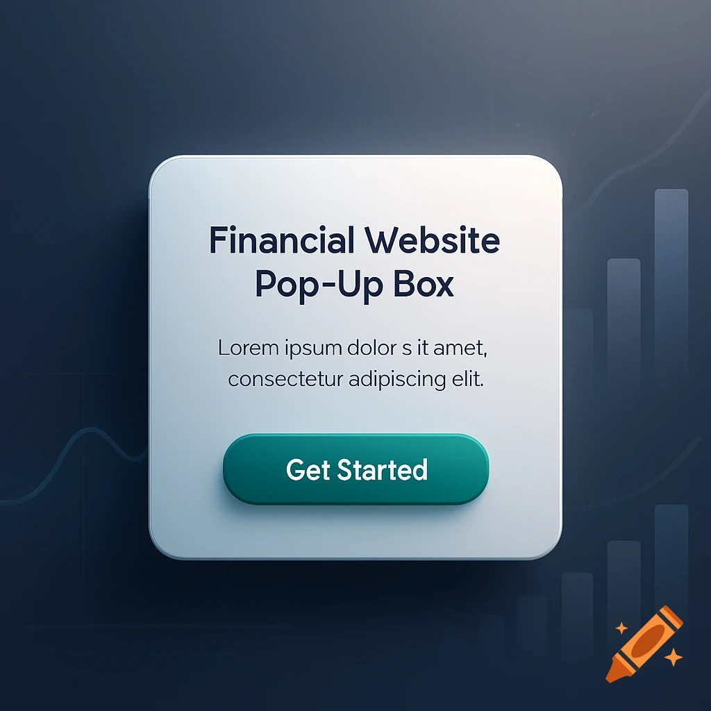 A modern UI pop-up box for a financial website, featuring title text, placeholder body text, and a 'Get Started' button, on a dark background.
