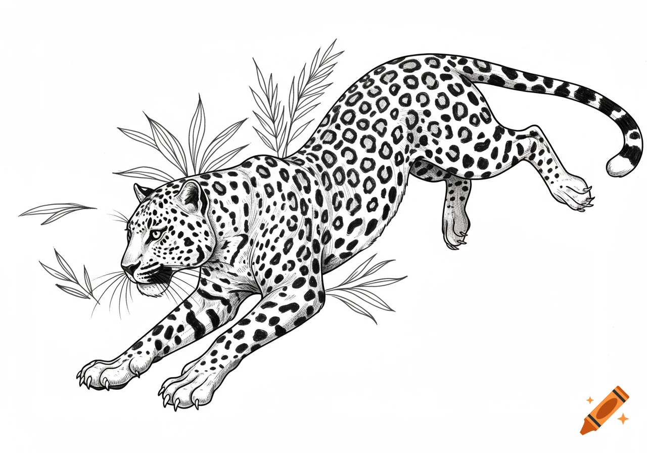 Black and white line art tattoo stencil of a leaping leopard with stylized leaves.