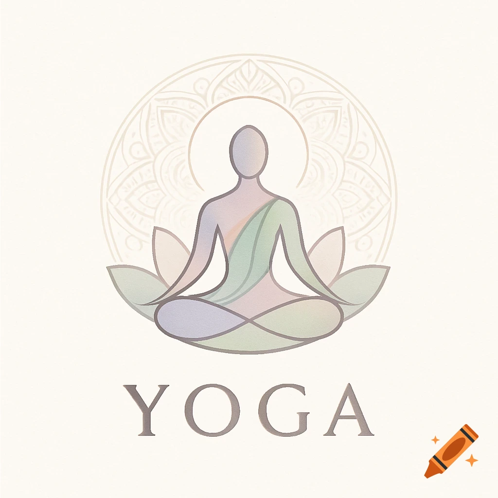 Minimalist logo with a meditating figure on a lotus flower, subtle mandala in background, and the word YOGA below.