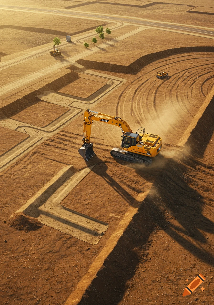 Aerial view of a yellow excavator digging trenches on a large, arid construction site under a sunny sky.