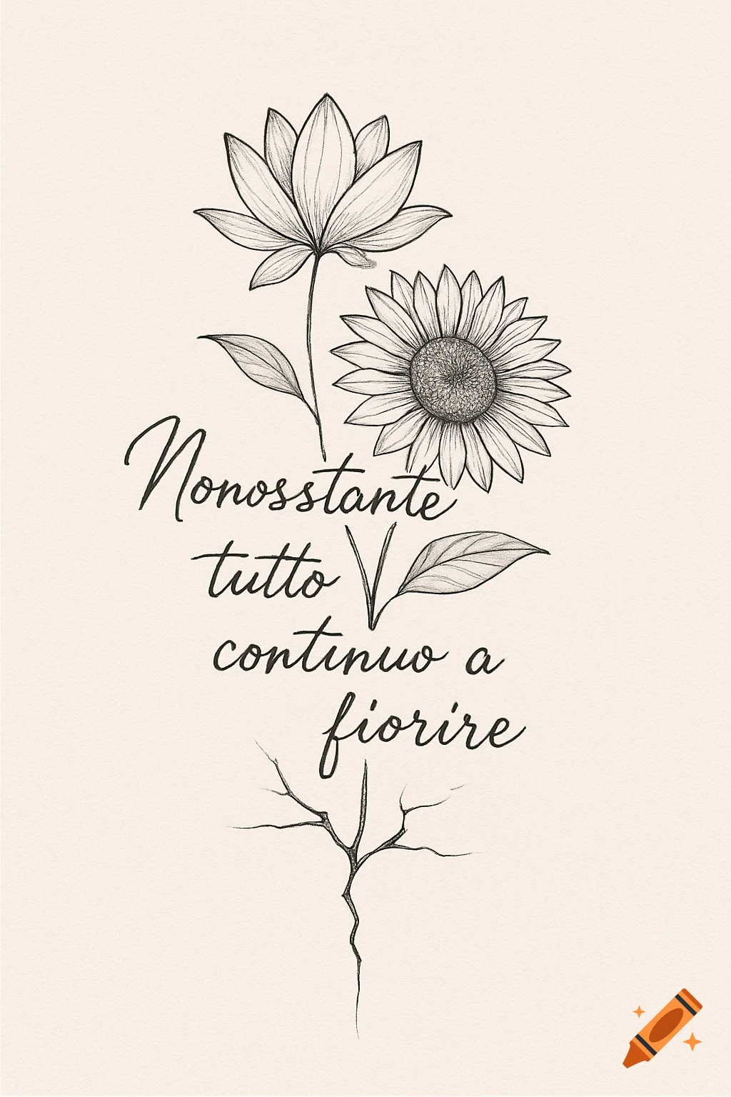 Fine line drawing of a lotus and sunflower growing from a crack, with the Italian text 'Nonostante tutto continuo a fiorire'.