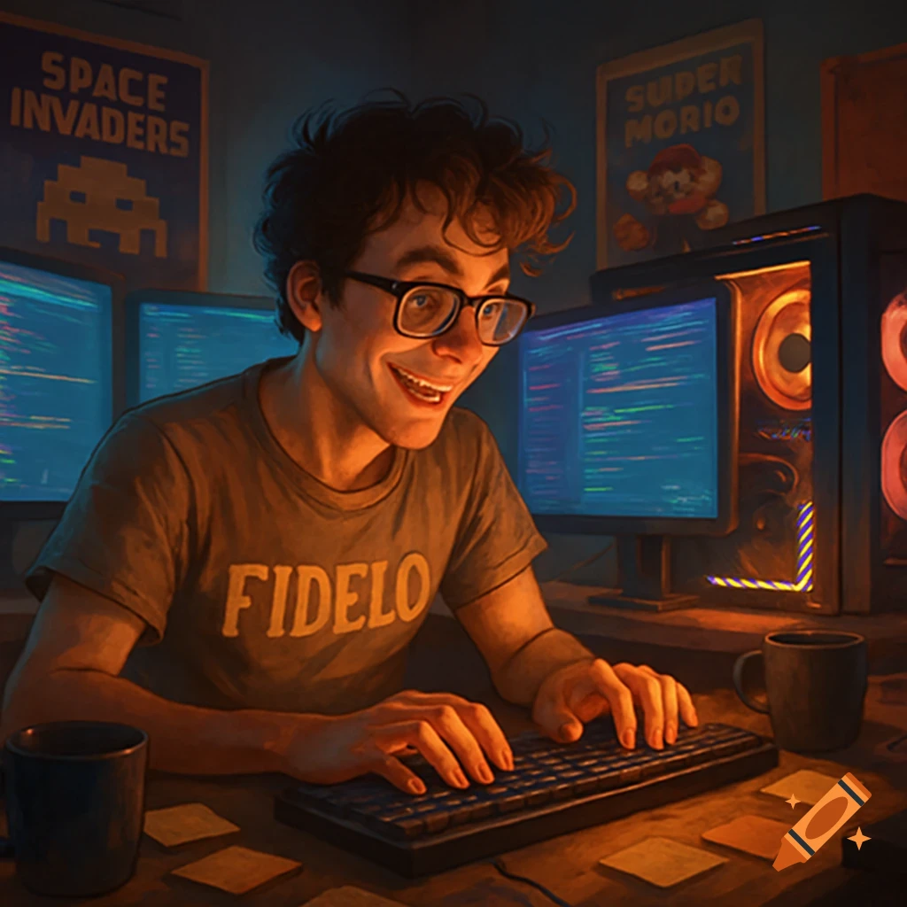 A smiling young man with glasses and a 'FIDELO' t-shirt types on a keyboard in a room with glowing computer screens and retro gaming posters.