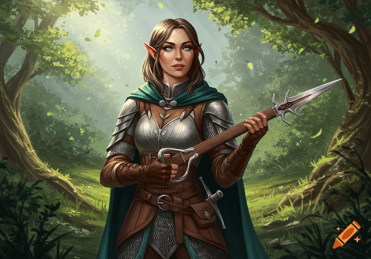 A female elf bard in fantasy armor and a green cloak stands in an enchanted forest, holding a bladed string instrument. Digital art.