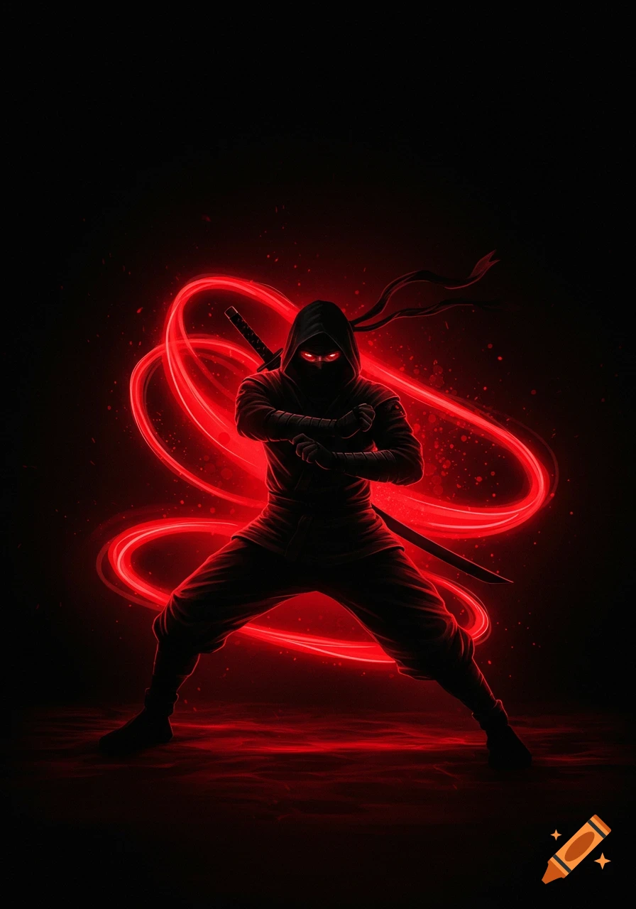 A dark silhouette of a ninja in a striking pose with glowing red eyes and a swirling red aura on a black background.