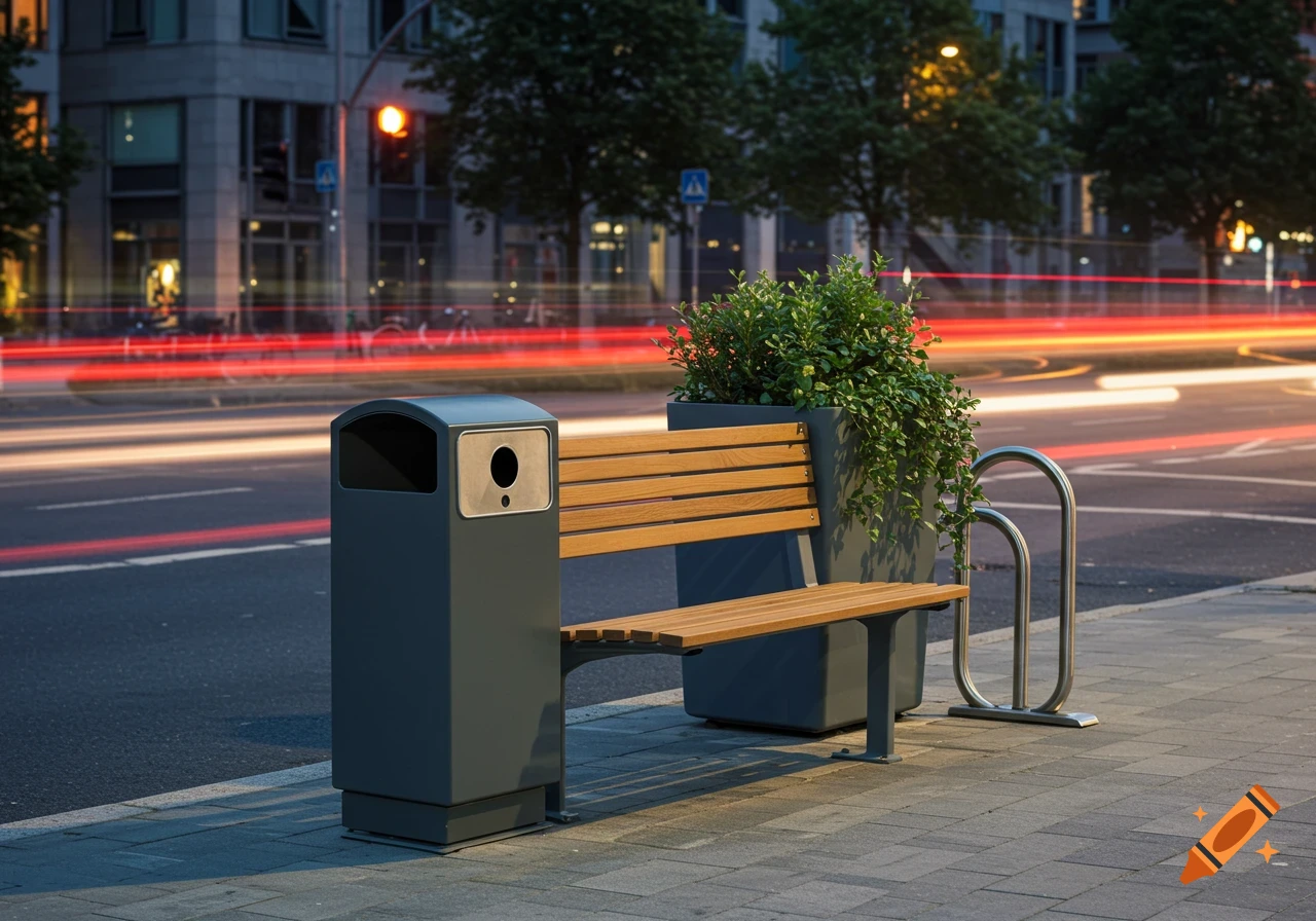 Urban street furniture including a bench, trash can, planter, and bike rack on a city sidewalk at night with car light trails.