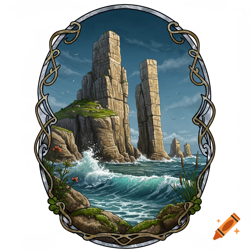 Illustrative view of towering sea stacks on a rocky coast with crashing waves, framed by an ornamental border.