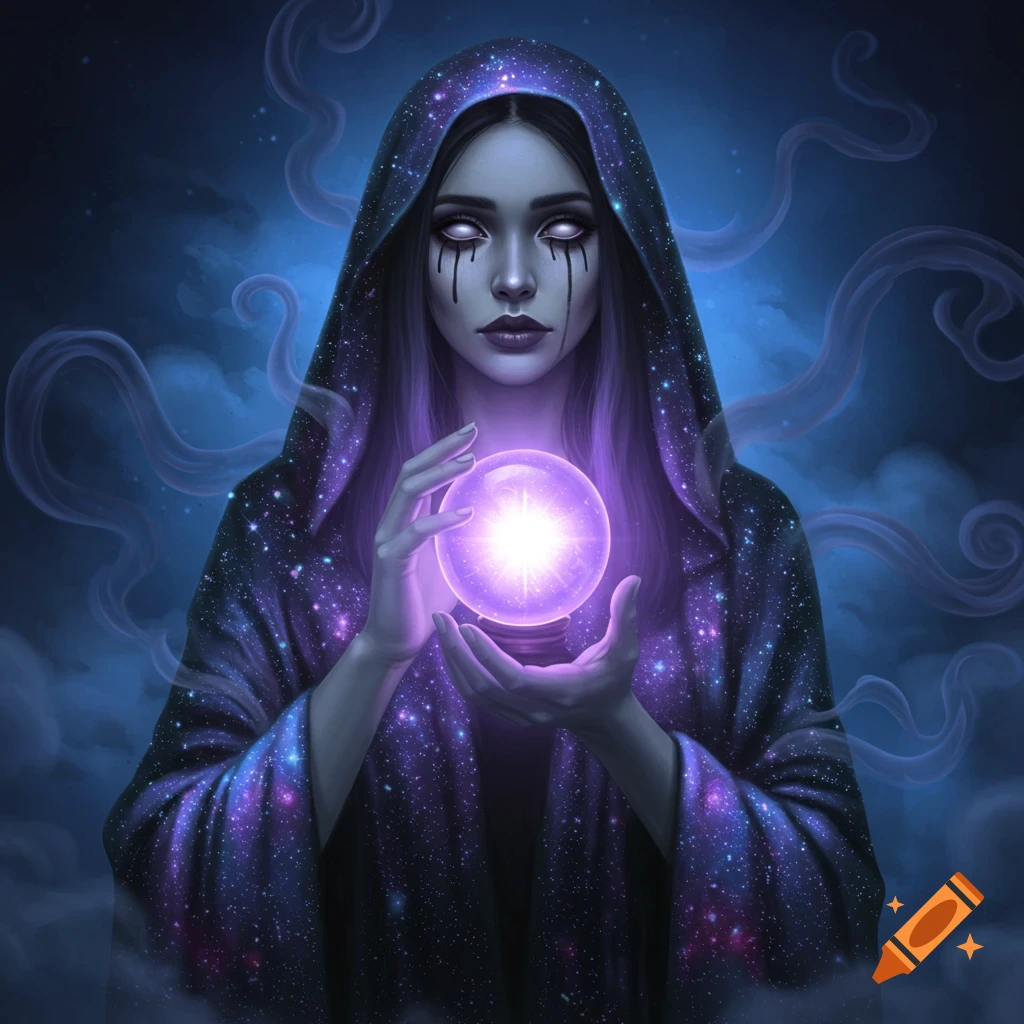 A stylized illustration of a psychic in a galaxy cloak with white eyes and black tears, holding a glowing purple crystal ball.