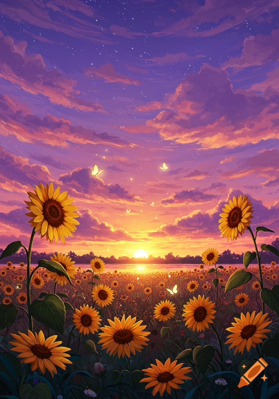 A vibrant field of sunflowers bathed in the warm glow of a sunset, featuring a dramatic purple and orange sky with glowing butterflies in a stylized art style.