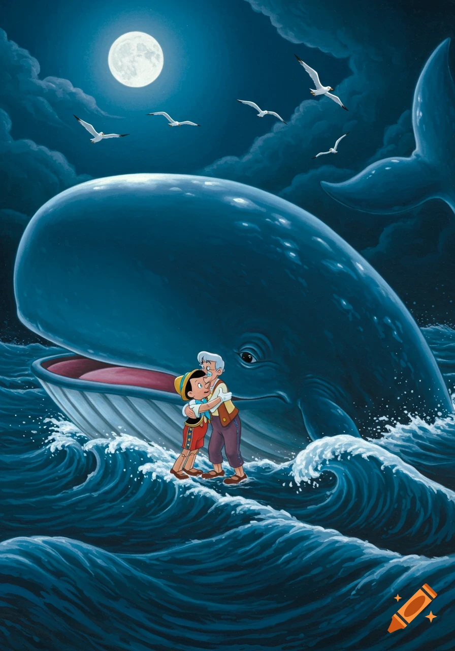 Pinocchio hugs Geppetto on a wavy dark ocean, a massive whale with its mouth open behind them, under a full moon with seagulls flying.