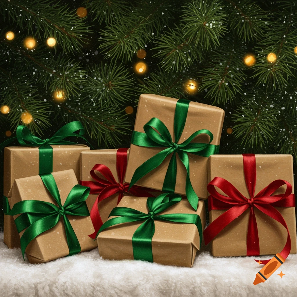 Christmas presents wrapped in brown paper with red and green ribbons sit on snow, with a pine tree and festive lights in the background.