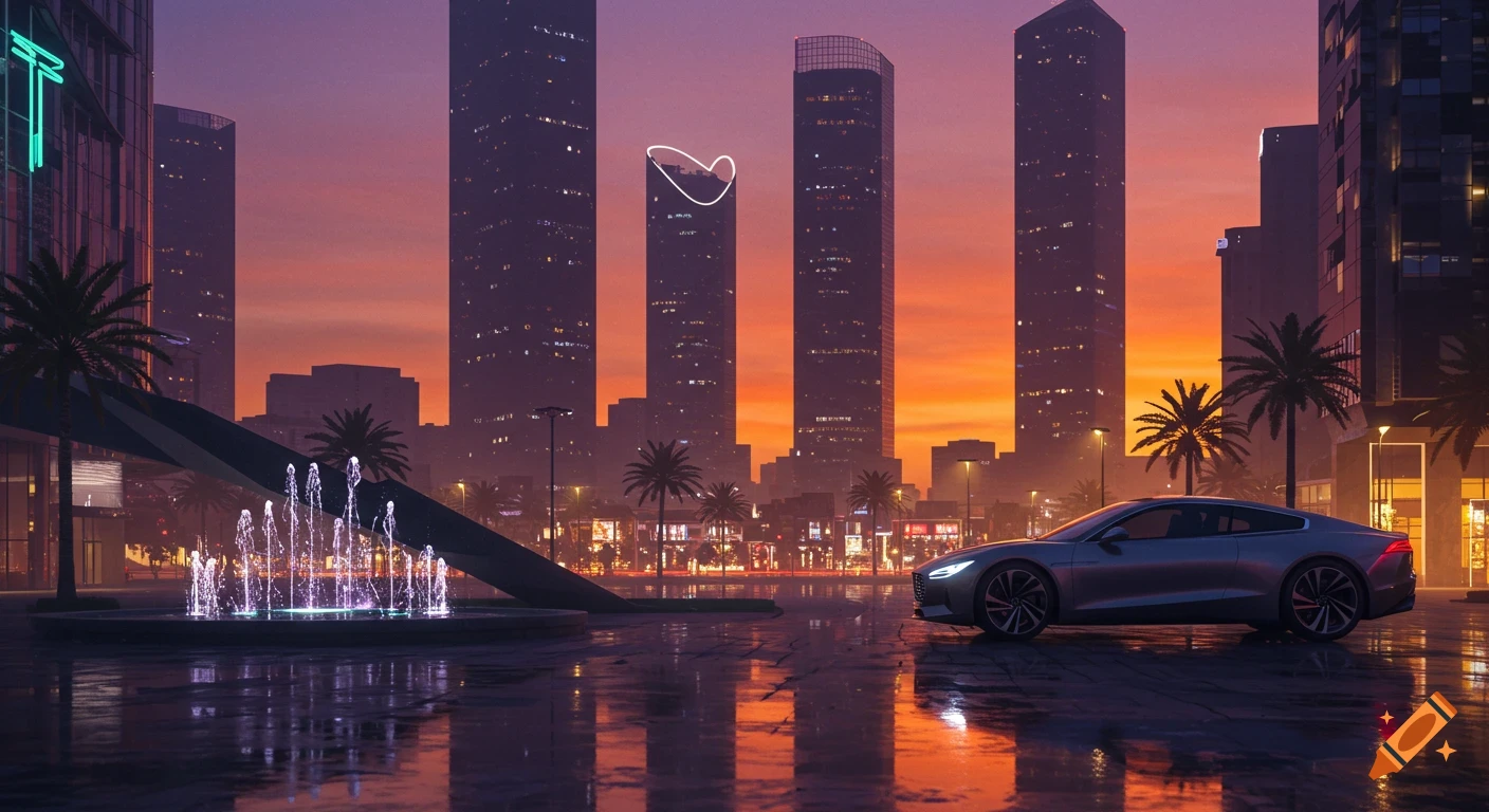 A silver sports car on a wet city street at sunset, with tall ...