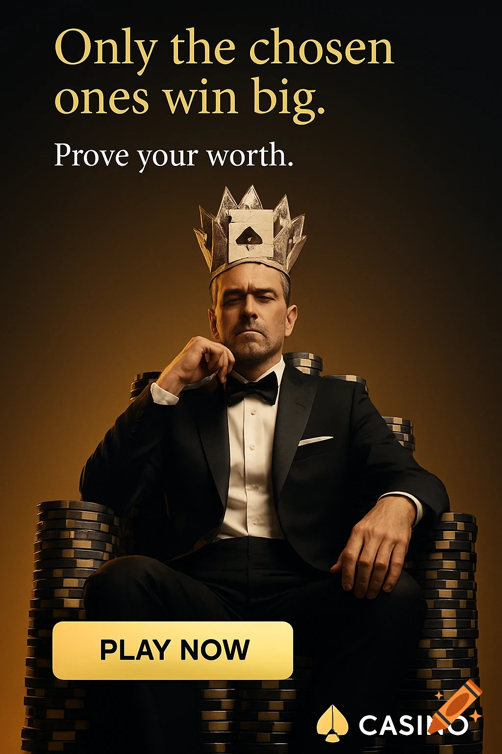 Man in a tuxedo and playing card crown sits on a poker chip throne. Text: 'Only the chosen ones win big. Prove your worth. PLAY NOW. CASINO'.