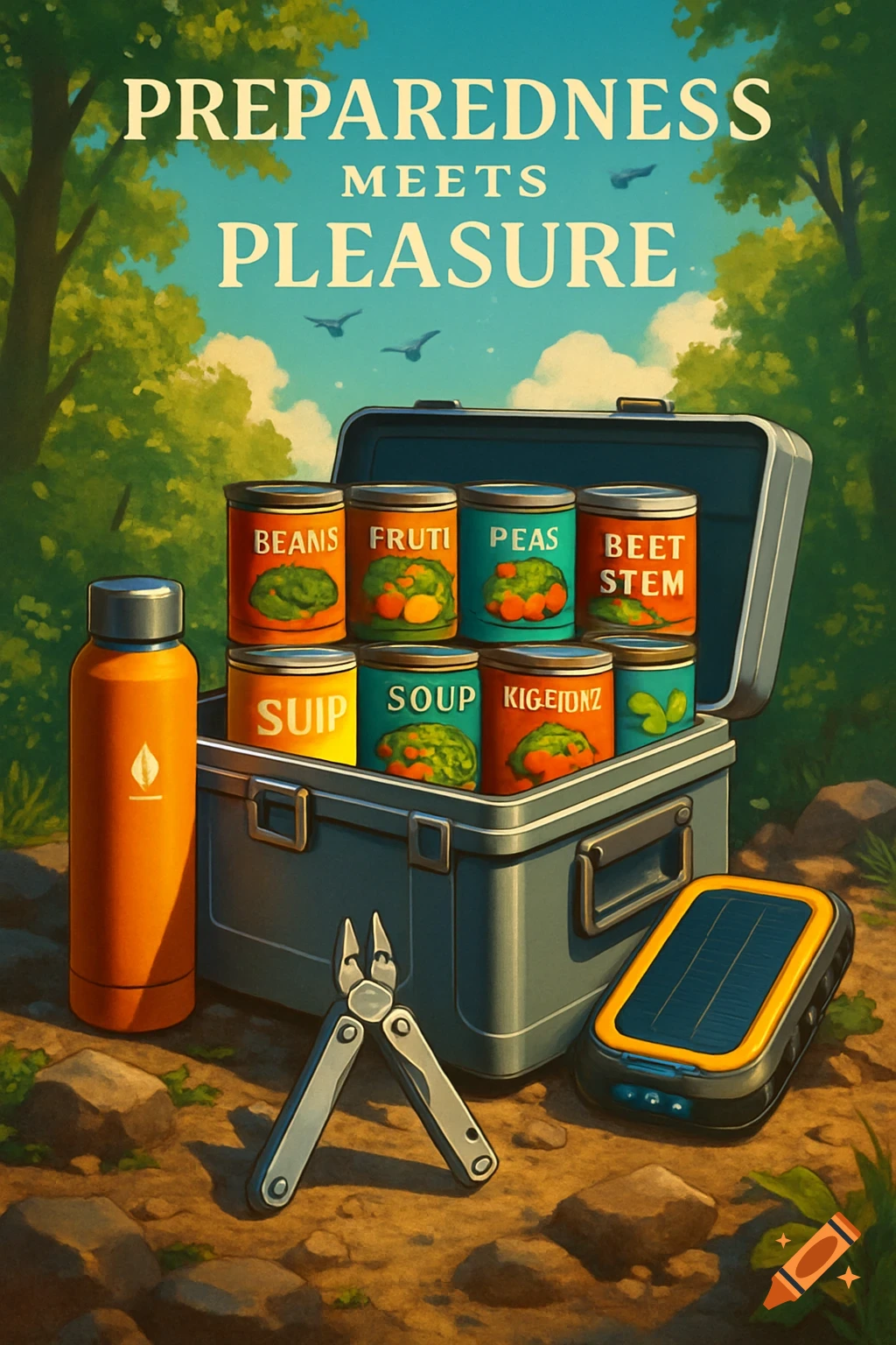 An advertisement poster shows an open survival crate filled with canned goods, a water bottle, a multi-tool, and a solar charger in a forest setting. Text reads "PREPAREDNESS MEETS PLEASURE".