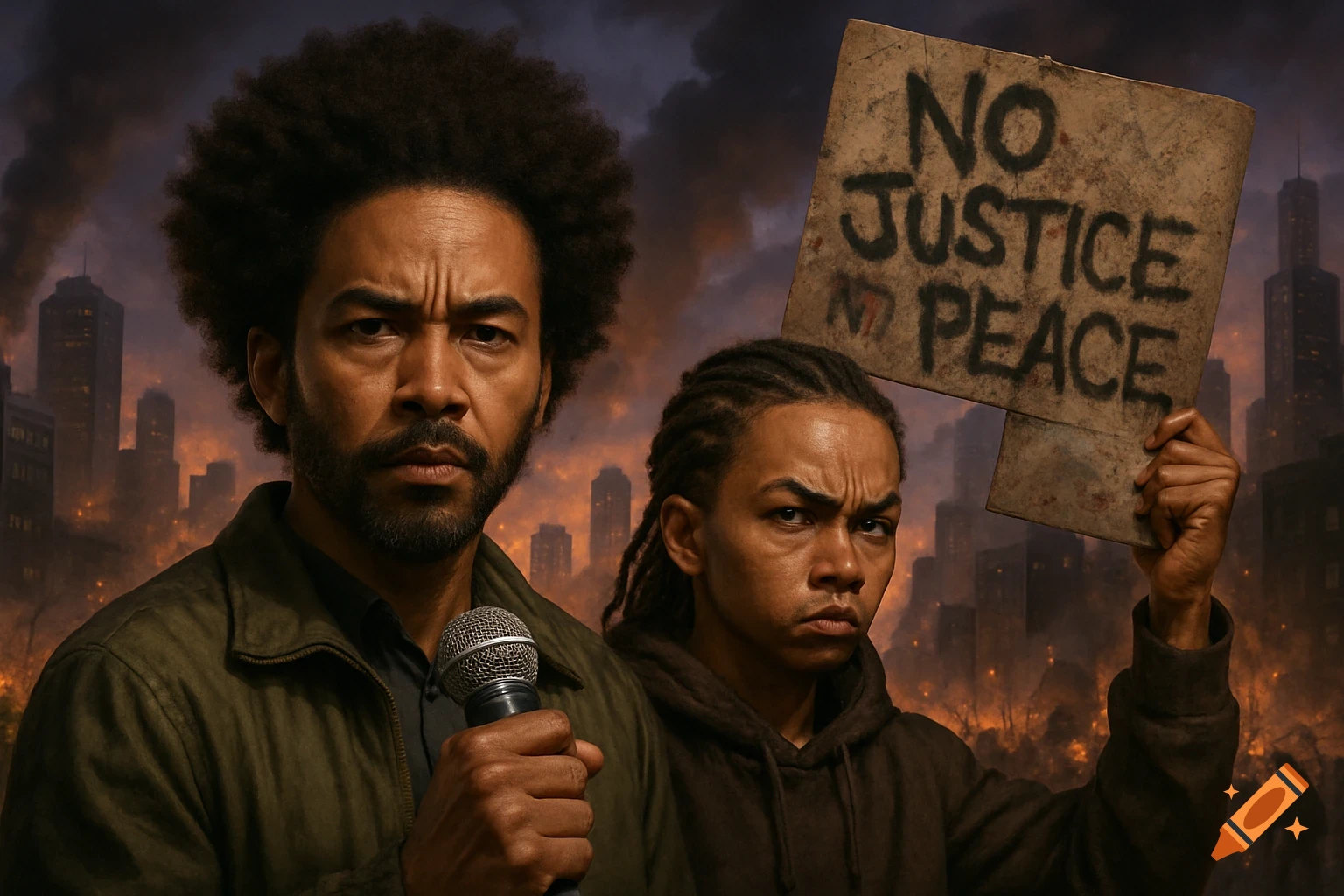 Two men, one with a mic and one holding a 'NO JUSTICE NO PEACE' sign, stand before a chaotic, burning city.