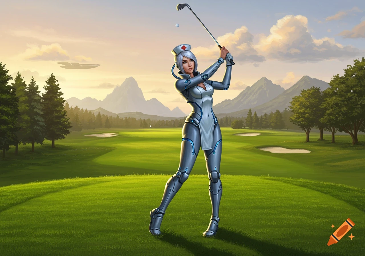 A futuristic nurse character in a white and silver uniform swings a golf club on a green golf course with mountains and a sunset sky.