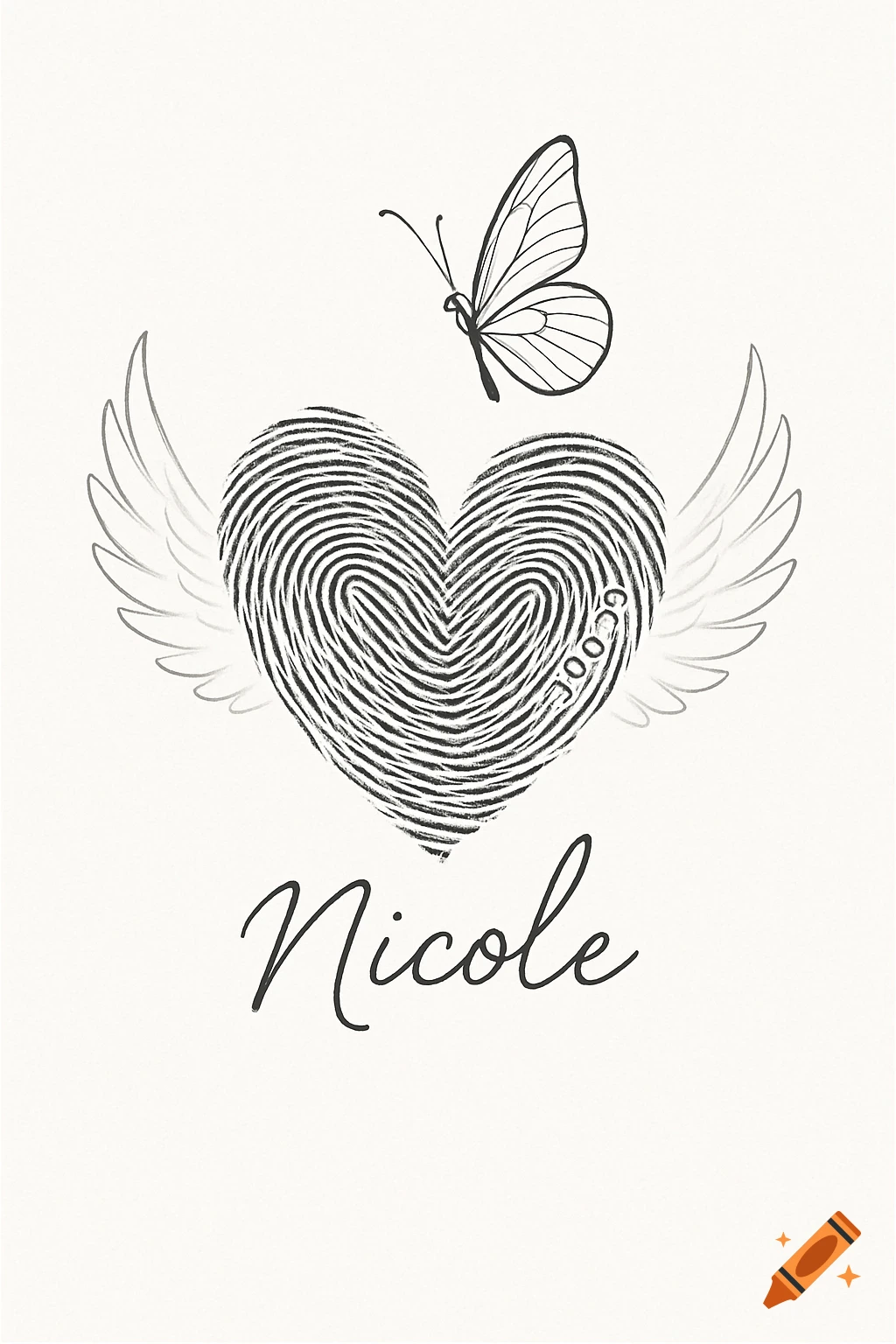 Black and white line art of a heart made of fingerprints with delicate wings, a butterfly, and the name Nicole.