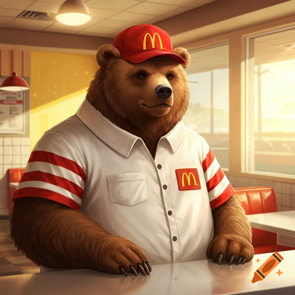 A brown bear wearing a McDonald's uniform and cap stands at a counter in a sunny fast-food restaurant.