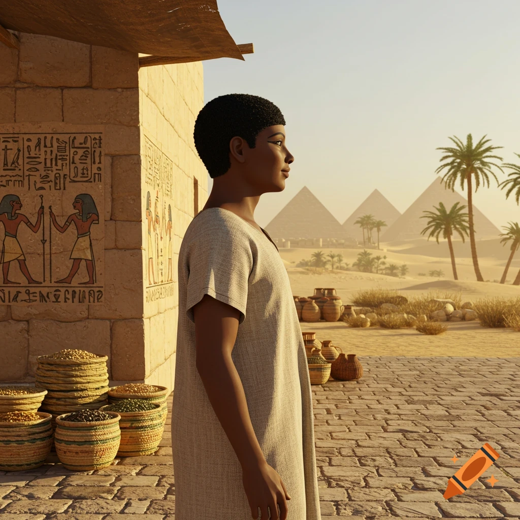 Photorealistic image of an ancient Egyptian person standing by a hieroglyph-covered building, looking at pyramids and palm trees in a desert landscape.