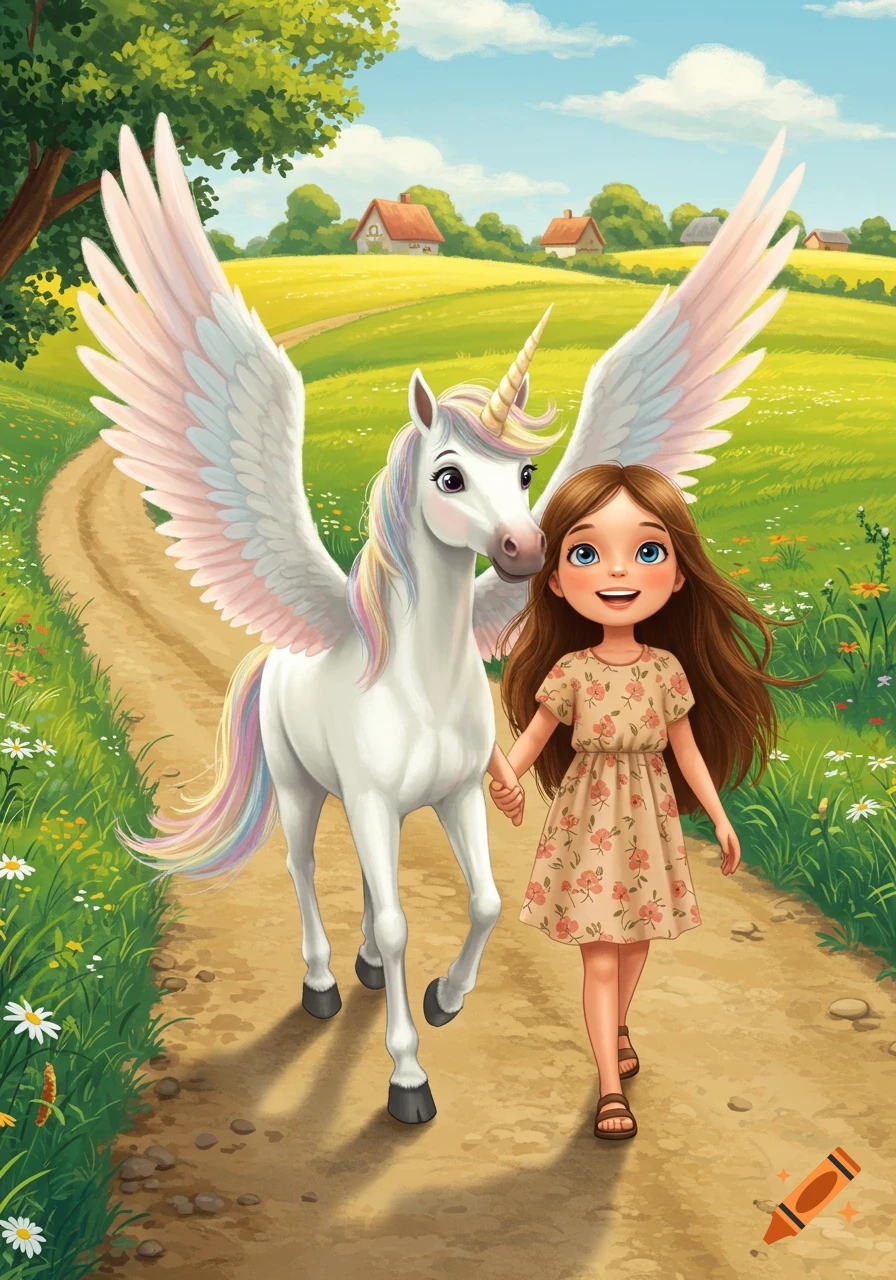 A young girl in a floral dress holds hands with a winged unicorn on a dirt path through sunny green fields, cartoon style.