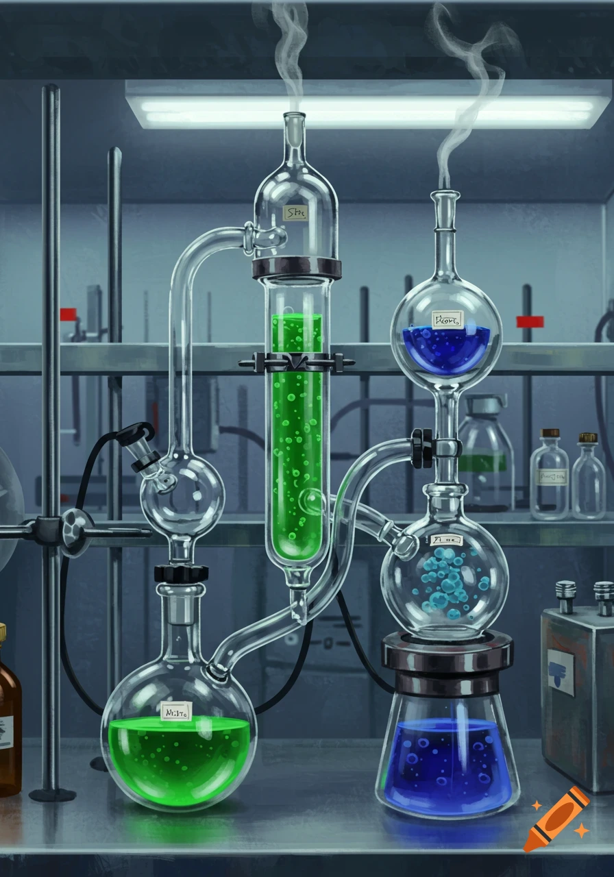 Detailed illustration of a chemical distillation apparatus with green and blue bubbling liquids in a laboratory.