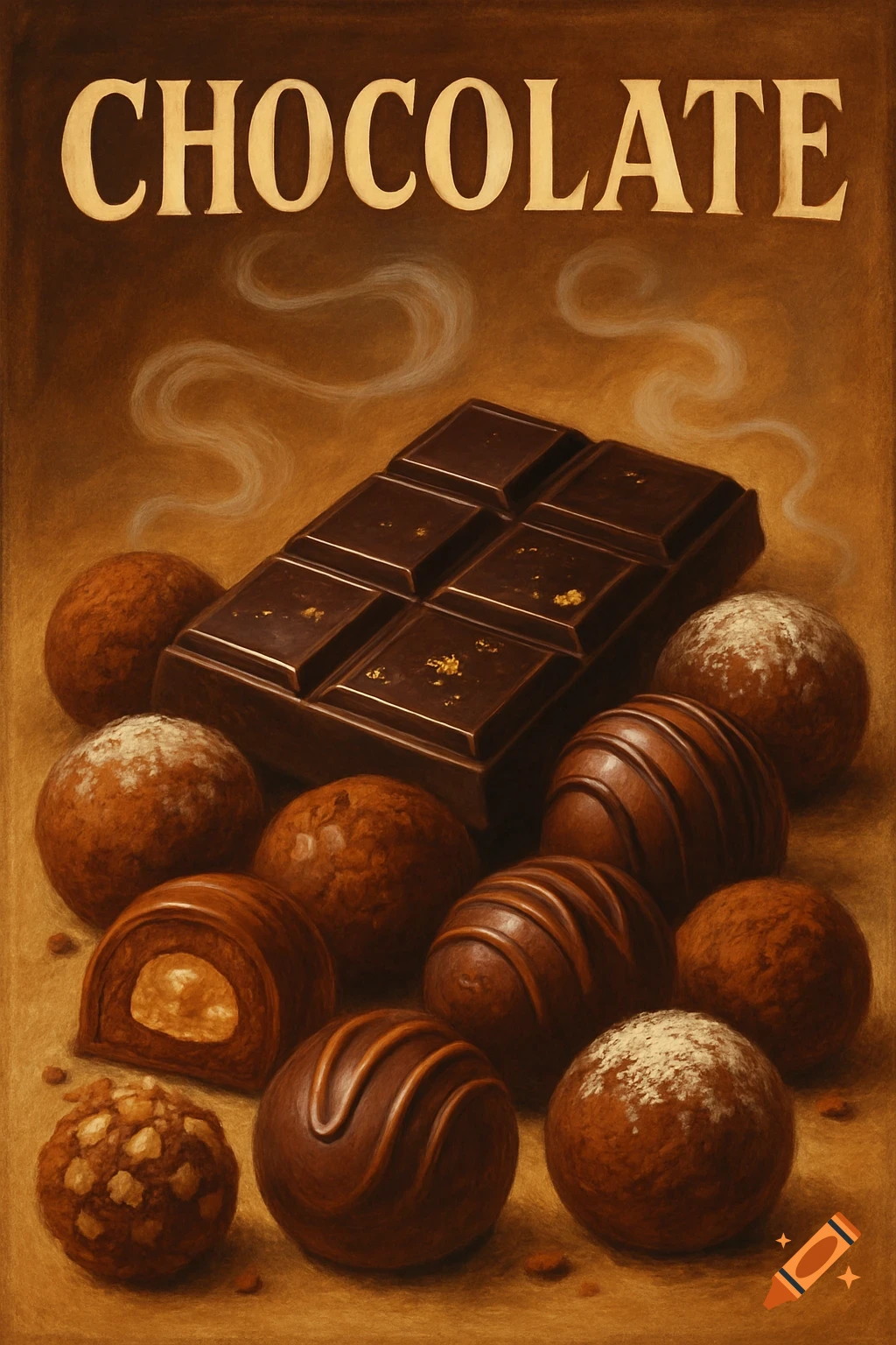 A vintage-style poster depicting a chocolate bar and an assortment of truffles and bonbons, with steam rising.