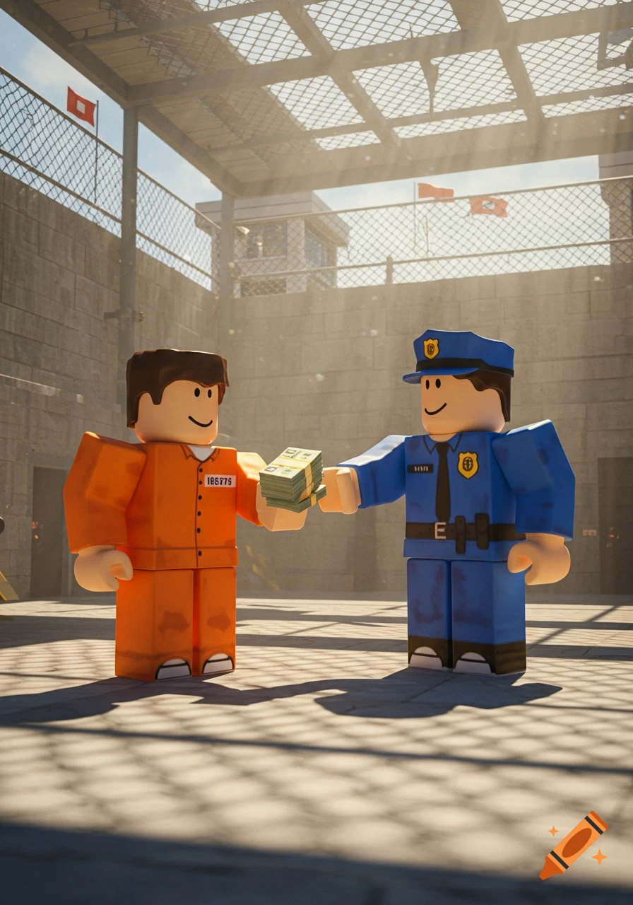 Roblox characters, an inmate in orange handing money to a corrections officer in blue, in a sunny prison yard.