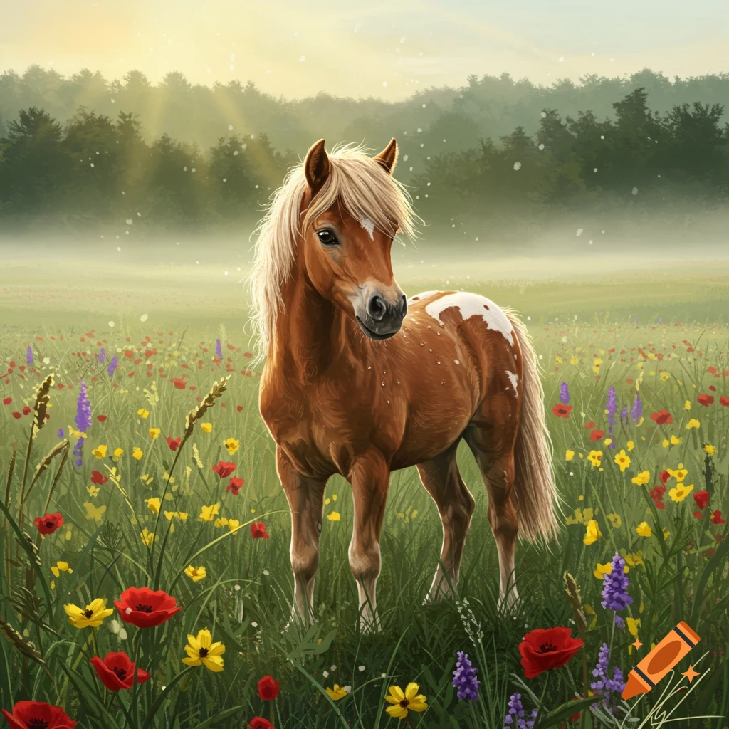 A brown and white pony with a blonde mane stands in a vibrant field of red, yellow, and purple wildflowers.