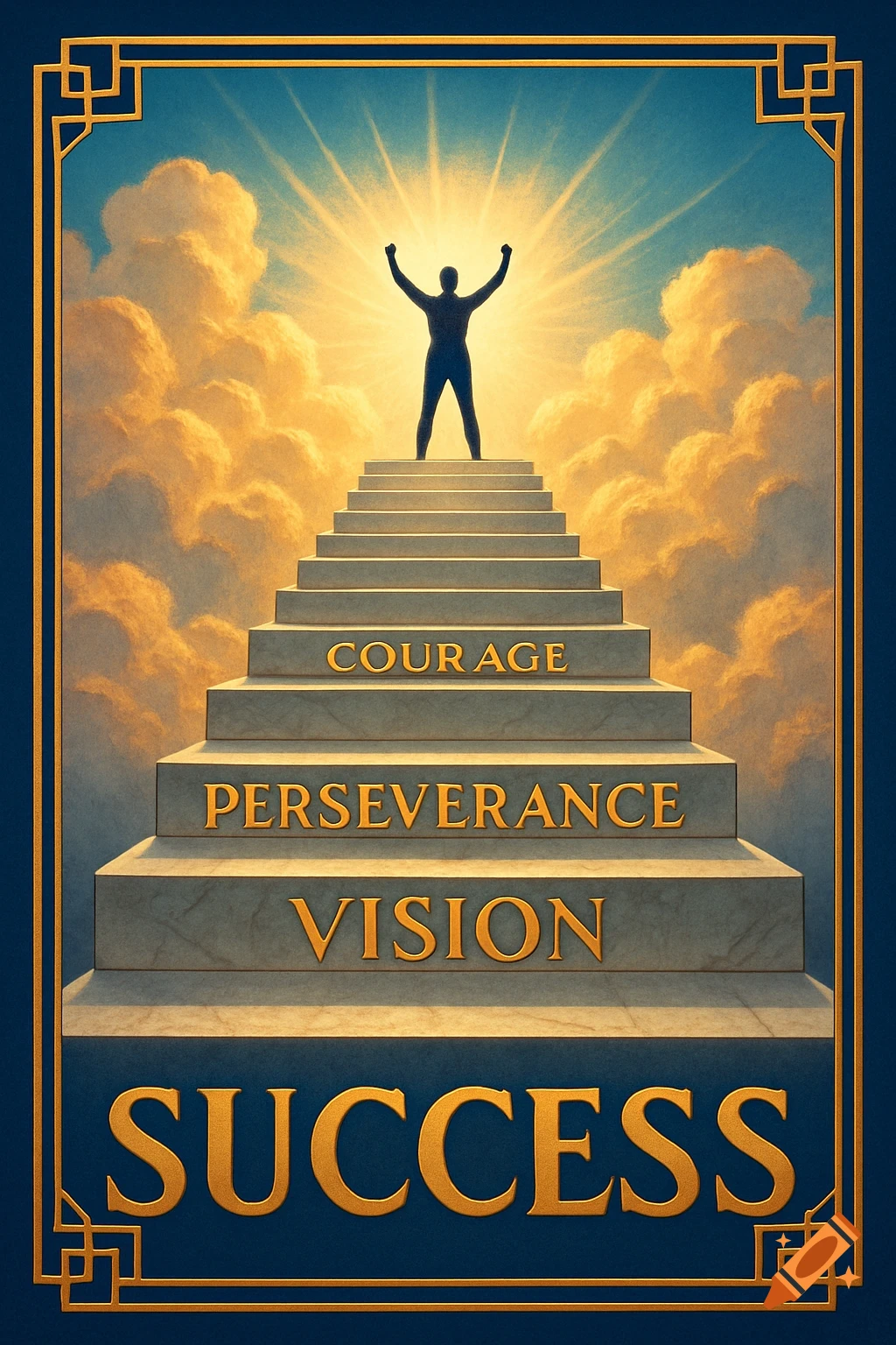 Silhouette on stairs inscribed with 'Courage', 'Perseverance', 'Vision', 'Success', reaching a bright sky. Motivational art with golden frame.