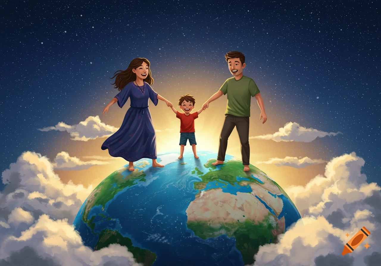 A smiling family (man, woman, and child) holding hands, standing on a globe of Earth surrounded by clouds and stars, in an illustrative style.